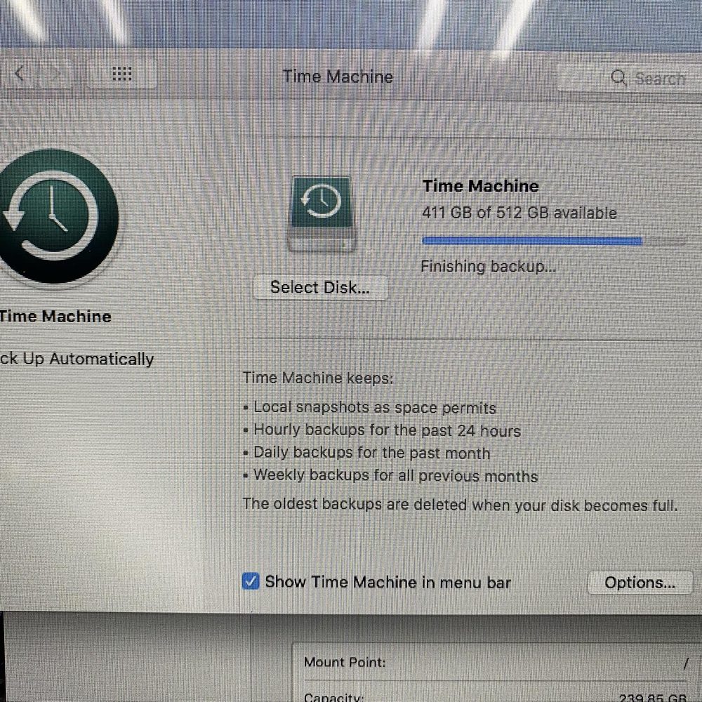 A Mac Time Machine backup window showing a completed backup, part of backup setup offered by iCompute